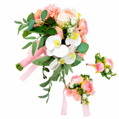 Bouquet de mariée cascade en pivoines et orchidées en soie artificielle (38 cm), corsage de poignet et boutonnière assortis pour la cérémonie, la réception et les photos de fiançailles, style traditionnel, rose et blanc
