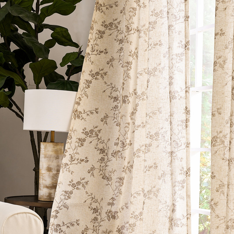 Semi Sheer Linen Blend French Floral Printed Rod Pocket Curtain Pair, 50" W x 84" L, Taupe