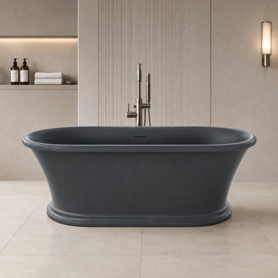 61" Grey Solid Surface Oval Freestanding Soaking Bathtub with Pedestal Base