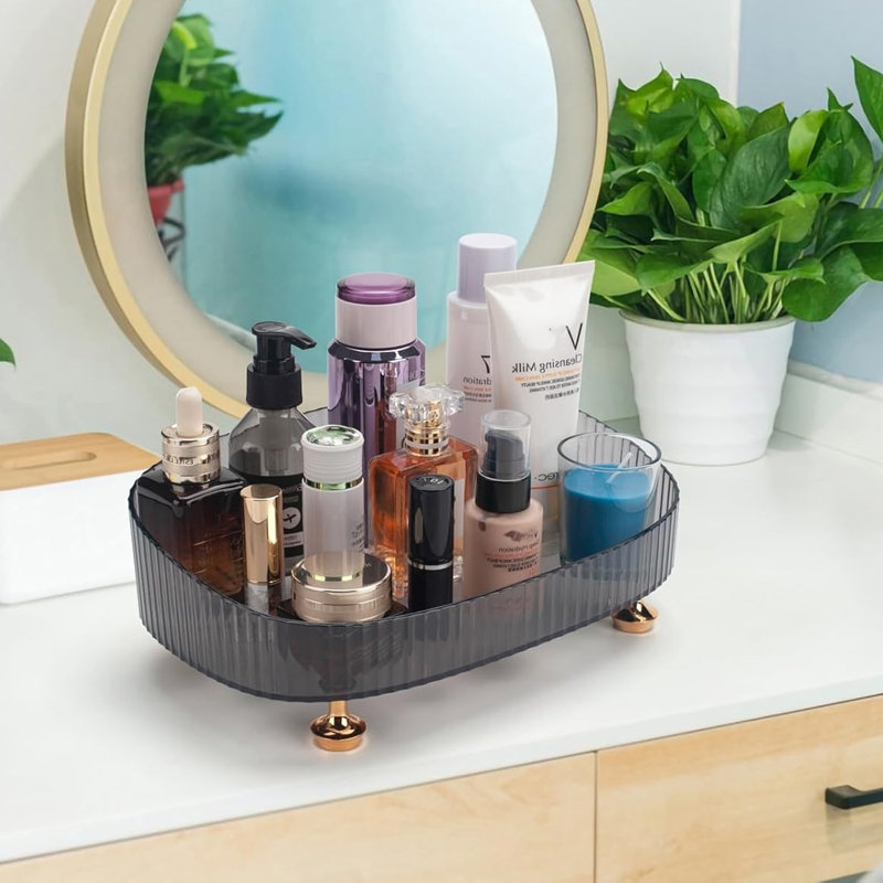 Plateau organisateur de maquillage pour meuble-lavabo transparent antidérapant, Gris