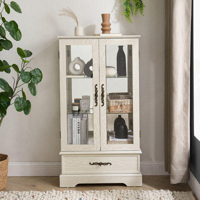 Cherry Wood Glass Cabinet With Adjustable Shelves, 2 Doors & Drawer For Elegant Display And Storage