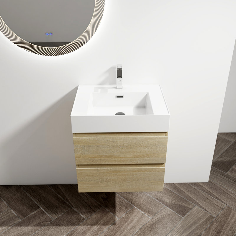 Meuble-lavabo mural 24 po avec lavabo en résine, 2 tiroirs à fermeture en douceur, ensemble KD, Light Oak