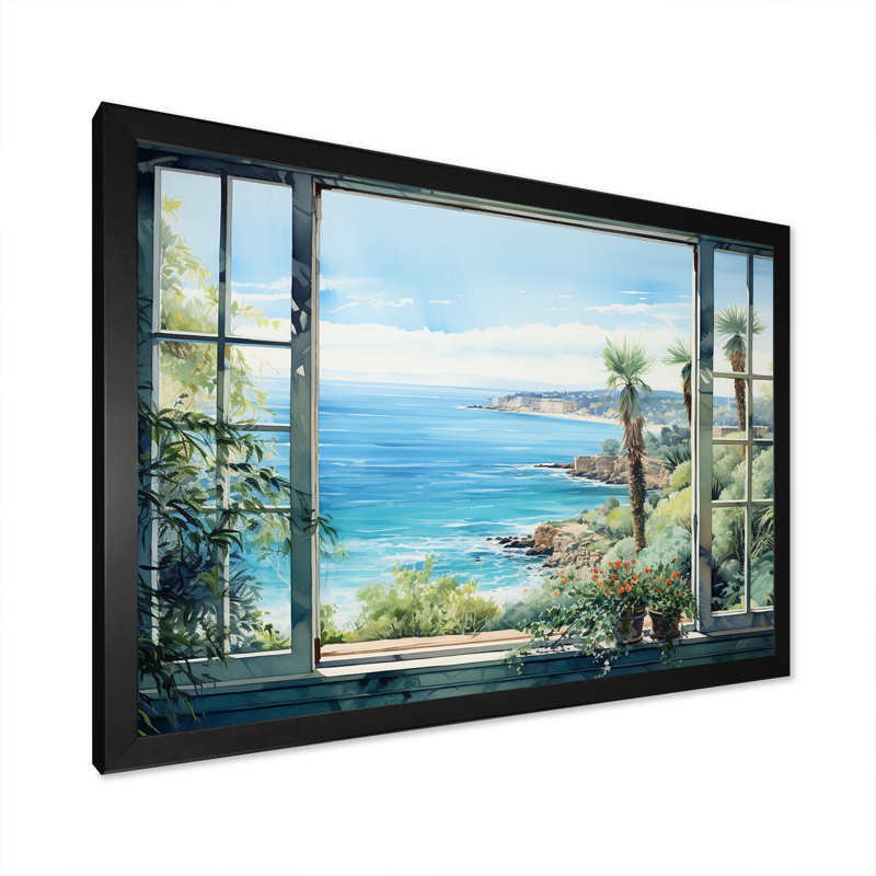 Seaside, vue tropicale II - fenêtres côtières, art mural, H 12 po x l 20 po x P 1 po, Cadre d'angle fermé noir