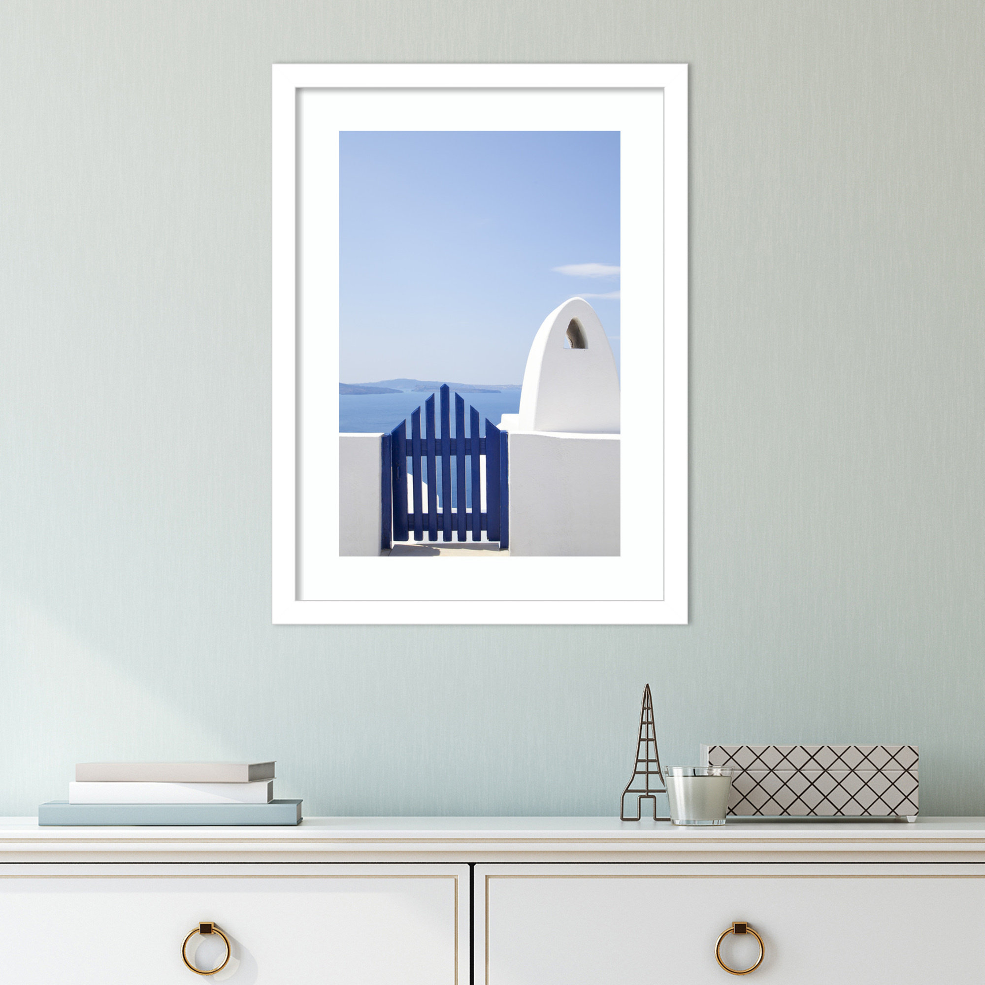 Oia Blue Fence by Golie, 18" H x 14" W, White