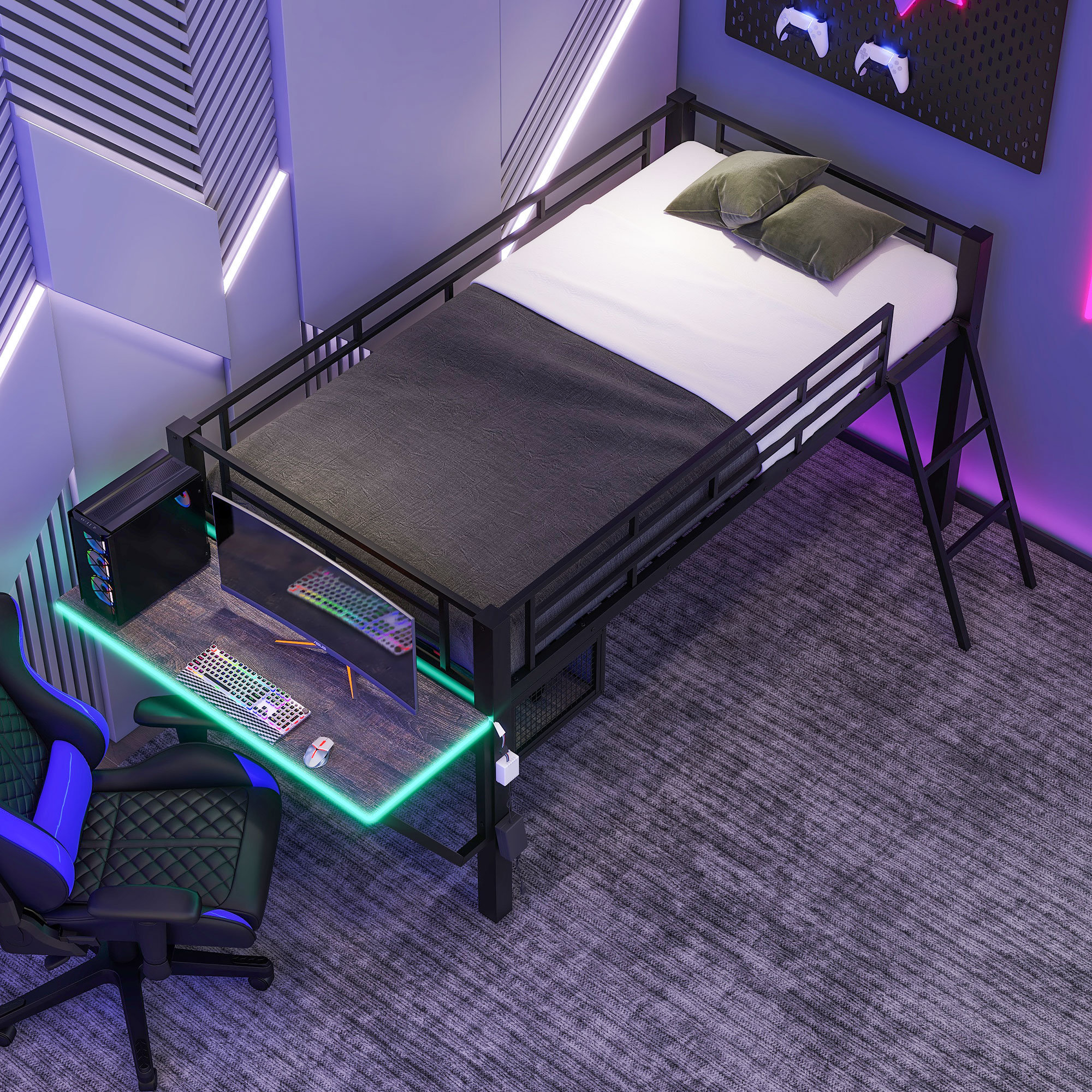 Latitude Run® Gaming mid loft bed with desk, LED, Full, Black(expected ...