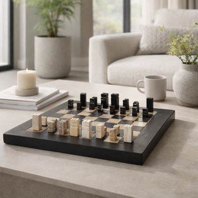 Élégant ensemble de jeu d'échecs en bois pétrifié pour la table - Jeu de table basse décoratif pour le salon ou les soirées de jeux en famille - 20 po, noir et ivoire