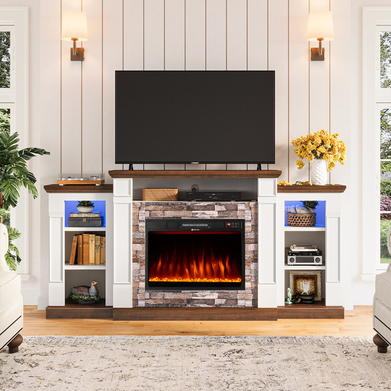 70" Electric Fireplace With Mantel, Farmhouse Fireplace Tv Stand For Tvs Up To 80 Inch, Realistic Stacked Stone Surround With Remote Control For Living Room