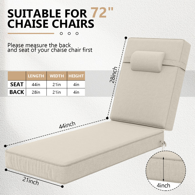 Outdoor Olefin Chaise Lounge Cushions, Beige, 44" W x 21" D