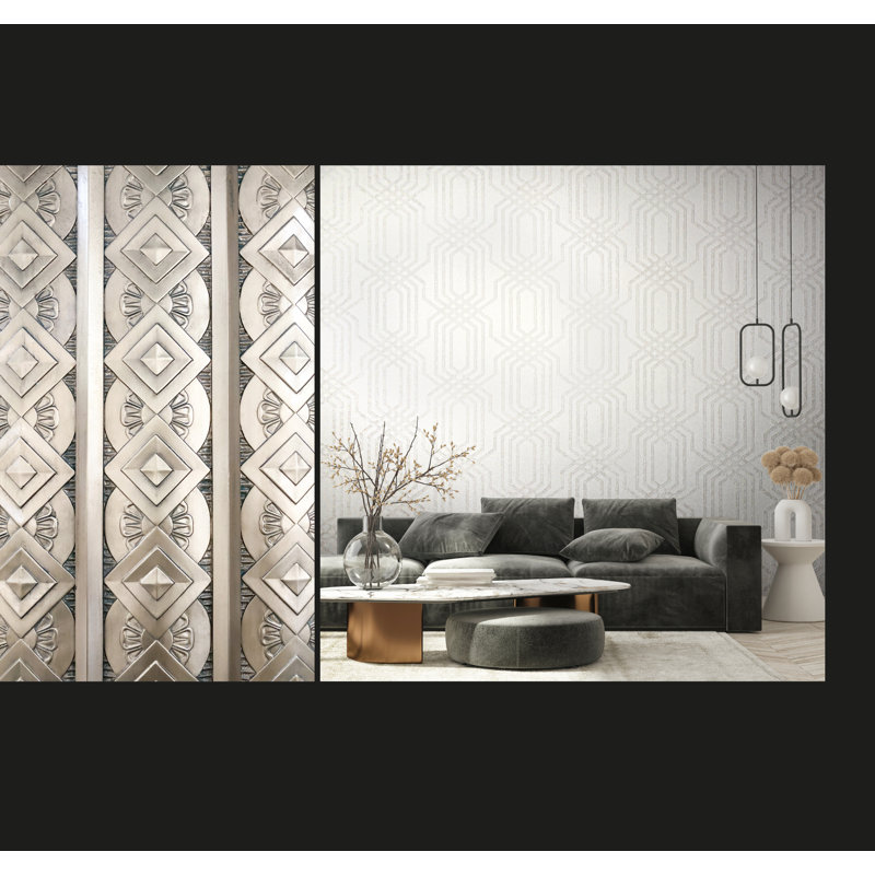Binyameen Embossed Geometric Glitter Trellis Design 10.05 m x 53 cm Wallpaper Roll, Beige/White
