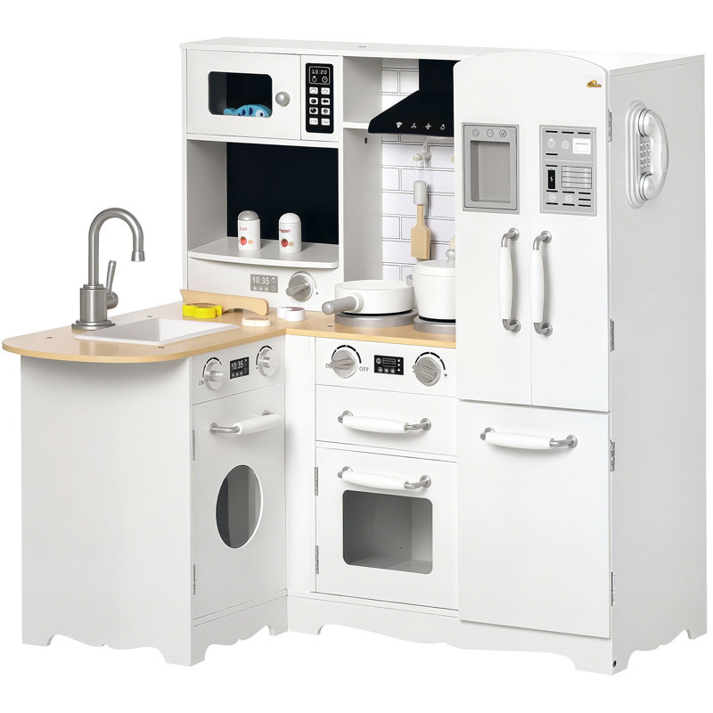 Qaba Pretend Play Corner Kitchen, Interactive Wooden Kids Play Kitchen w/Realistic Sounds, Telephone, Refrigerator, Oven, Microwave, Gift for Toddlers Aged 3+