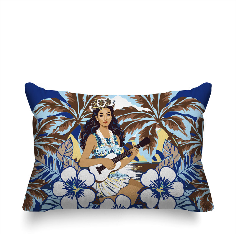 Oreiller rectangulaire réversible intérieur / extérieur Moana Palm, Bleu, Rectangle H 14 po x l 20 po