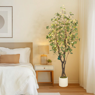 Realistic Floor Plant Set, Artificial Eucalyptus Tree with White Planter and Lights, Great for Small Spaces, Home Office & Living Room