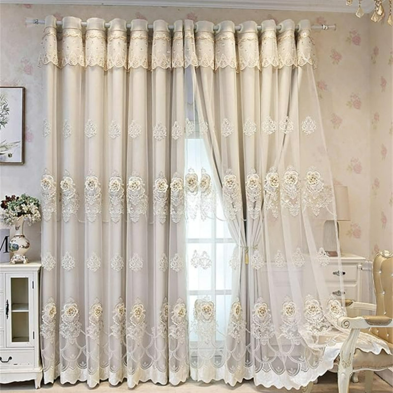 2 Panels Luxury European Curtains For Bedroom Elegant Thermal Insulated Grommet Top Double Living Room Doors Blackout Curtain And Lace Double Layer Flower Embroidered Tulle Sheer (Beige, 54"* 108“)