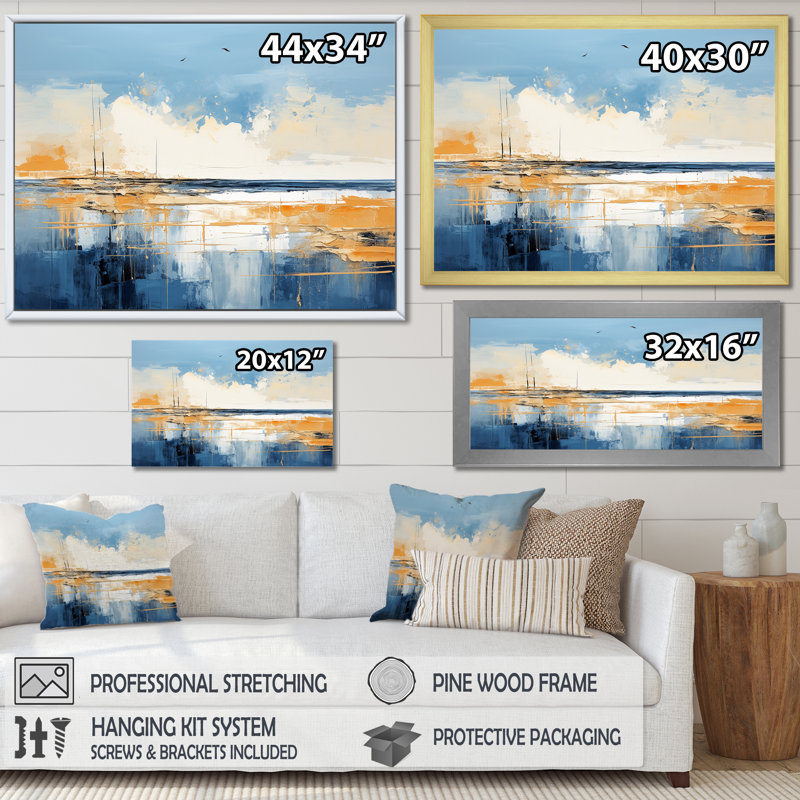 Bleu et jaune «Seaside Simplicity I» - Minimalisme côtier, impressions encadrées, Cadre doré à coins fermés