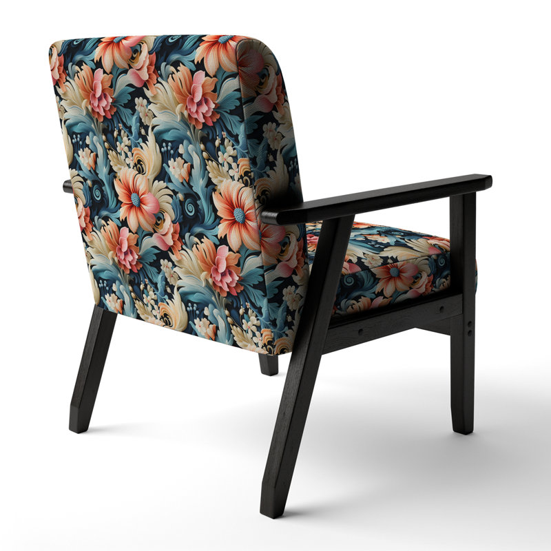 Chaise à accoudoirs rembourrée bohémienne et éclectique à motif floral cachemire bleu et rose I