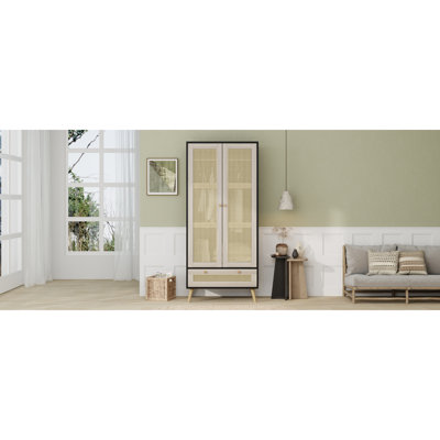Armoire-penderie de 70,8 po de hauteur avec 2 portes en rotin et 1 tiroir, armoire de rangement en bois Boho avec tringle pour chambre à coucher