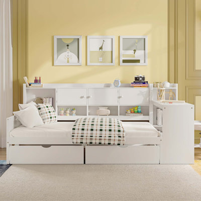 Wooden L-Shape Daybed With Seven Storage Cabinets And Two Storage Drawers, Multi-Functional Bed With Study Desk And Built-In Bookshelf