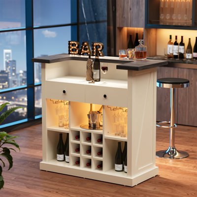 Farmhouse Style 47.2”L Home Bar Unit Liquor Bar Table, Small Mini Bar Counter With LED Lights, Storage Drawers And Wine Rack For For Home Kitchen Pub