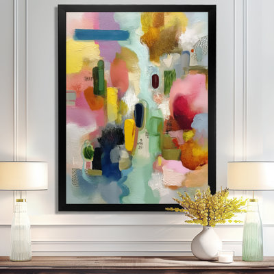 Pink Minimalism Painting With Shapes Of Yellow - Geometric Wall Art, Pink Modern Canvas Print