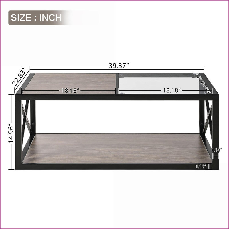 Verre trempé industriel Table basse rustique en grain de bois pour le salon, facile à nettoyer et amp; Structure stable