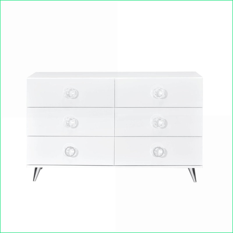 Commodes, blanc moderne à 6 tiroirs avec glissières en métal Pieds chromés | Blanc | Bois synthétique