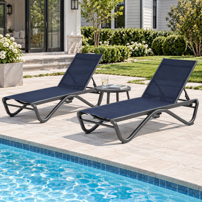 Kozyard Outdoor Chaise Lounge Chair, All Aluminum Frame and Textilene Fabric, Fully Flat Adjustable Reclining Patio Lounger for Poolside, Sunbathing & Backyard, Navy Blue, 2Chairs + Table