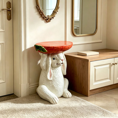 13.39" H x 11.61" W Resin Bunny Side Table with Carrot Top, Cute Rabbit Plant Stand for Indoor & Outdoor Garden Decor