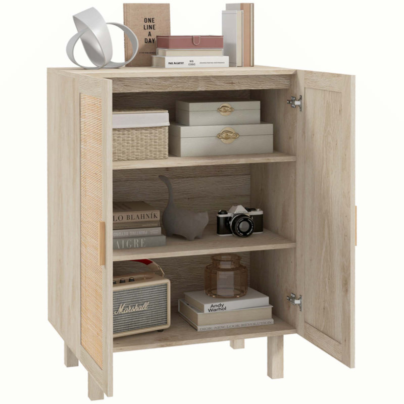 Buffet buffet, armoire de cuisine, armoire à café avec 2 portes en rotin, Bois naturel