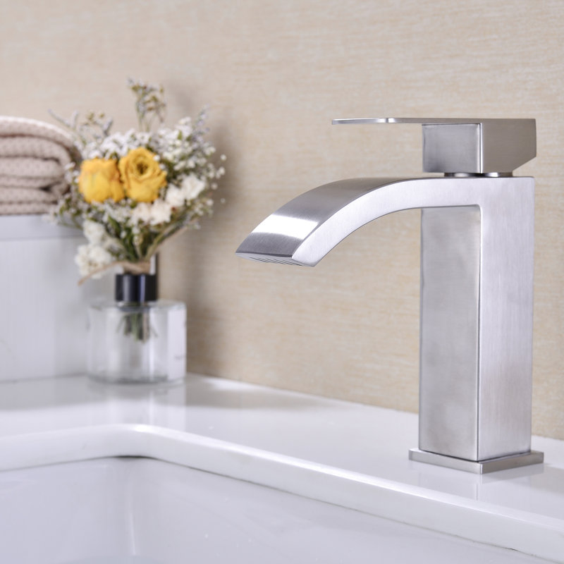 Waterfall Spout Bathroom Faucet With Single Handle And Pop - Up Drain For Overflow Sinks, Rust Finish, Simple Installation Kit Provided Sink Outlet, Adjustment, Overflow, Brushed Nickel, Gentle Effect