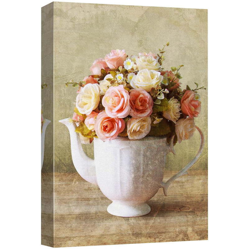 «Pink and White Roses In Watering Can Vase Floral Plants», photographie d'art rustique sur toile, Toile tendue