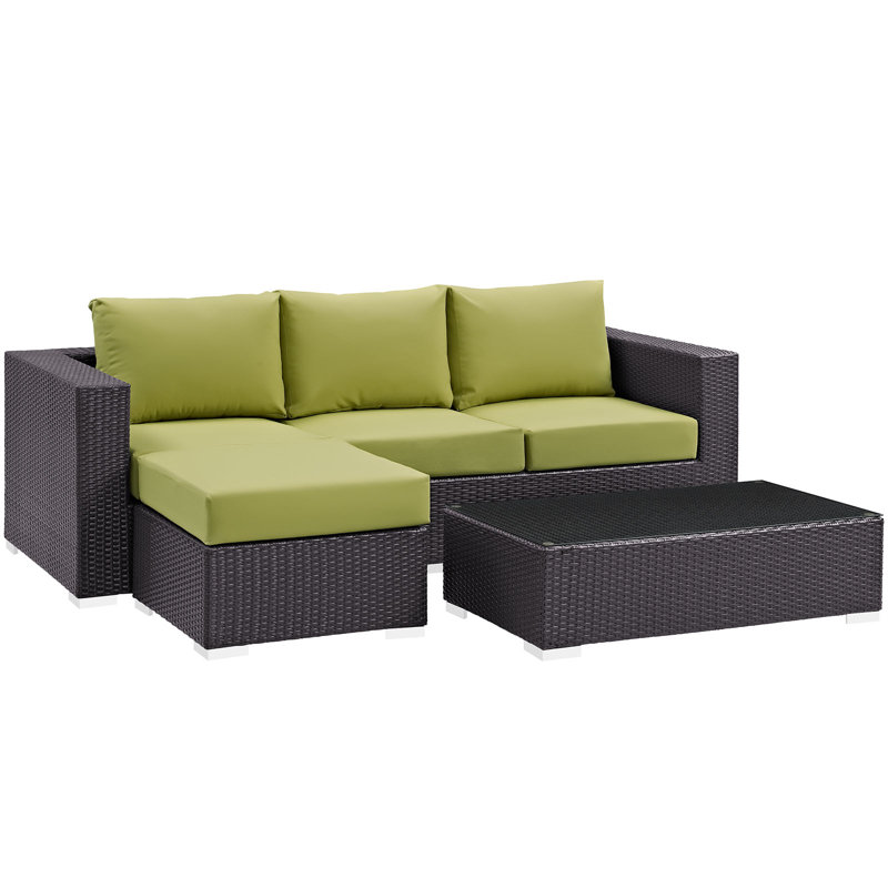 Ensemble de conversation modulaire en rotin de 3 pièces avec coussins Convene, Péridot