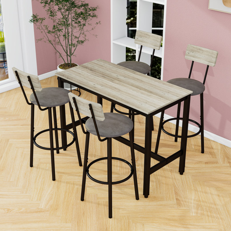 Ensemble de table de bar rustique 5 pièces avec structure robuste et 4 tabourets en cuir synthétique, Gris pâle / gris
