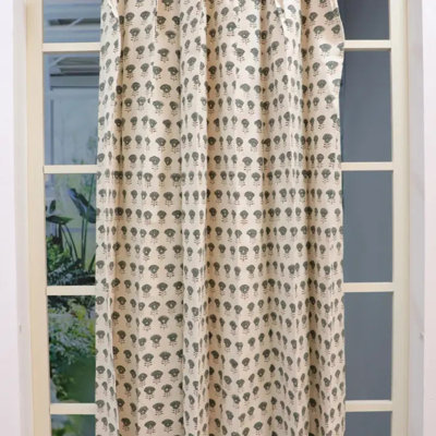 Rideau en coton gris et brun fait à la main avec imprimé floral plissé à la main pour bureau Boho