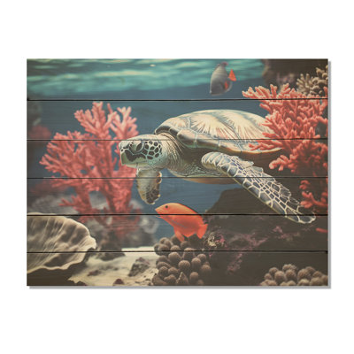 Monogramme corail et tortue grise - Tortue, art mural sur bois de pin naturel