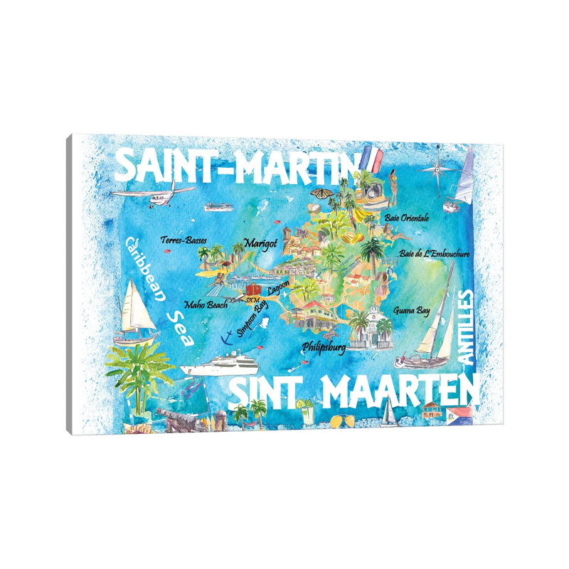 Saint-Martin Sint Maarten Antilles Illustrated Caribbean Map with Highlights of West Indies Island Dream by Markus & Martina Bleichner - Wrapped Canvas Graphic Art 1 Piece Wrapped Canvas Wall Art