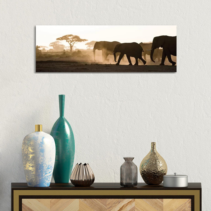 Africa, Kenya, Amboseli National Park. Backlit Elephants On The March by Jaynes Gallery - Wrapped Canvas Panoramic Print