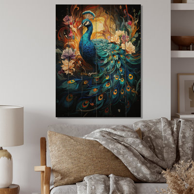 «Jabiel» sarcelle, jaune, émeraude, paon, gouttes, impression sur bois naturel