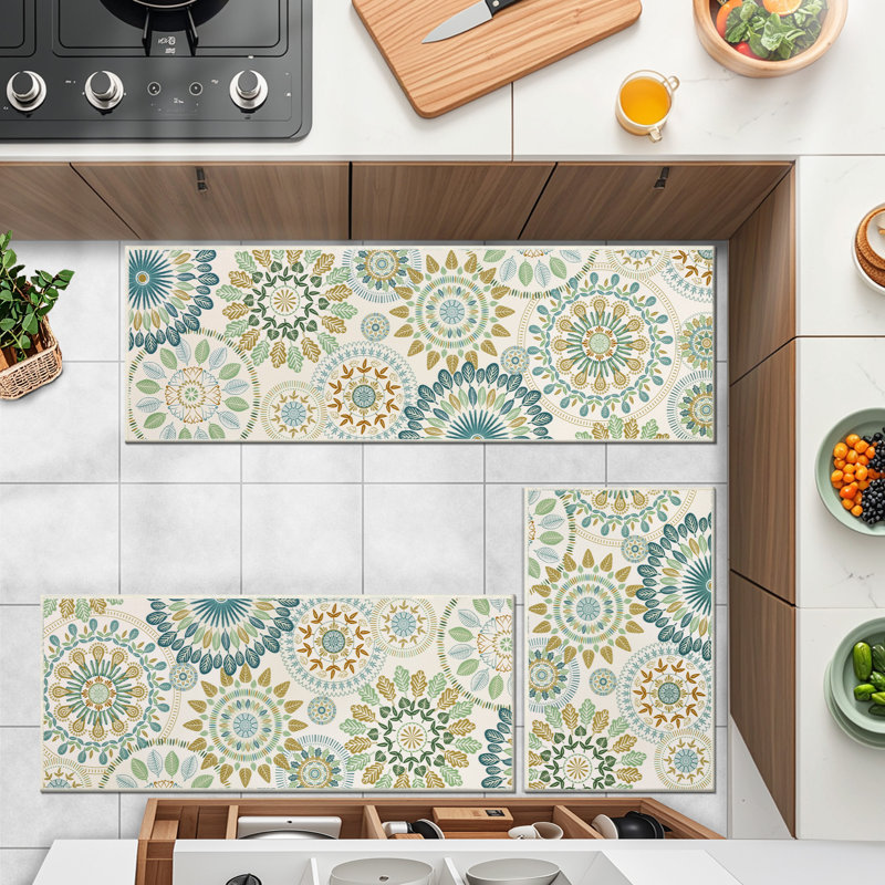 Mcnish Machine Washable Non Slip Kitchen Mat, Green/Beige