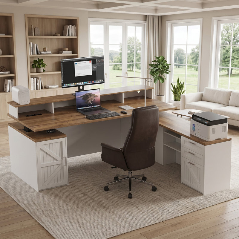 Comptoir d'accueil moderne de 220 cm (86,6 po) avec éclairage DEL, tiroir verrouillable, rangement pour dossiers, prises de courant intégrées et gestion des câbles, idéal pour les bureaux, salons de coiffure et commerces.