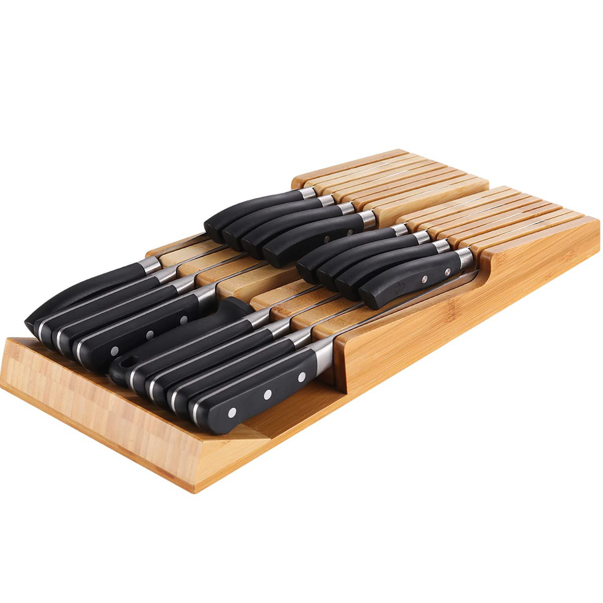 Drawer Knife Organizer - Bamboo Knife Block Insert - Holds 16 Knives + 1  Knife Sharpener (Knives Not Included) - Reliably Store, Secure & Organize