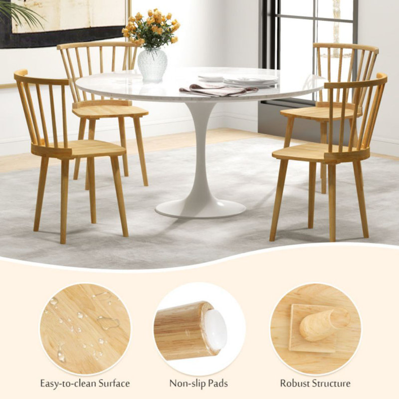 Natural Rubber Wood Windsor Dining Side Chairs with Slat Back, Set of 2