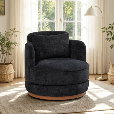 Chenille Swivel Barrel Accent Chair with Adjustable Headrest & Lumbar Cushion