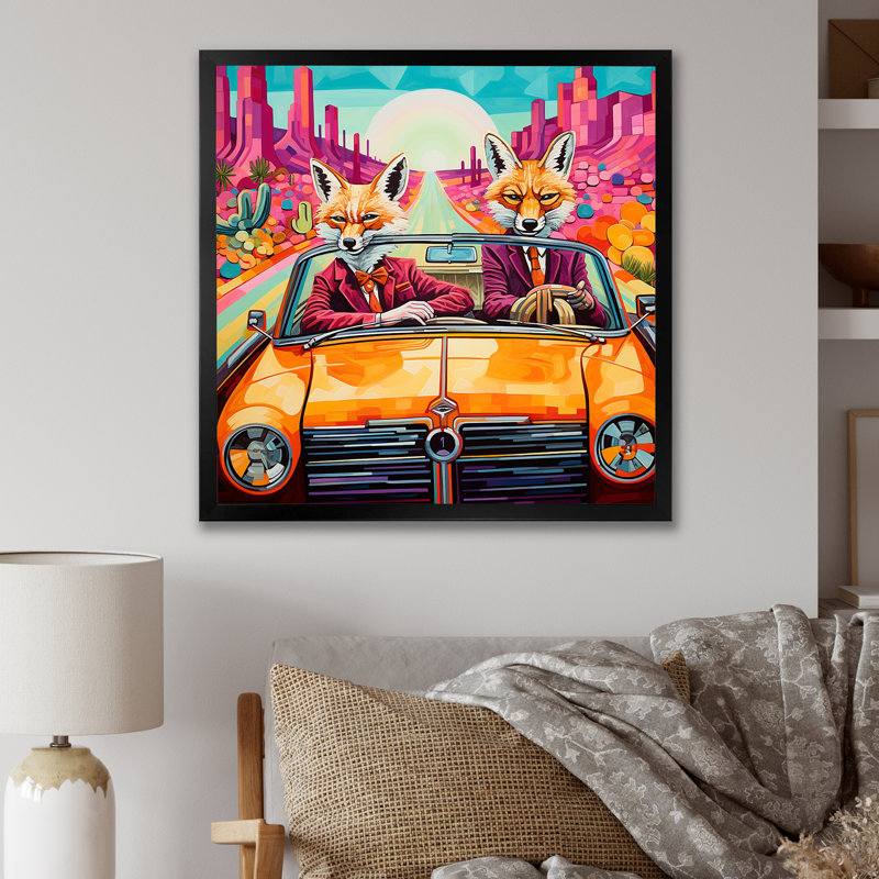Art mural, renard aventureux au volant II, H 16 po x l 16 po x P 1 po, Cadre photo noir