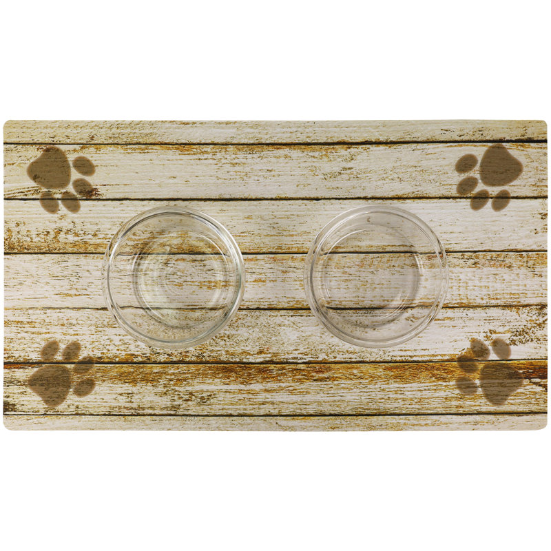 Dog Bowl Placemat, Pet Food Feeding Mat - Absorbent Fabric, Waterproof Backing, Slip-Resistant - Machine Washable/Durable (16” x 28”) (Brown Stripe Tan Paw) (USA Made)