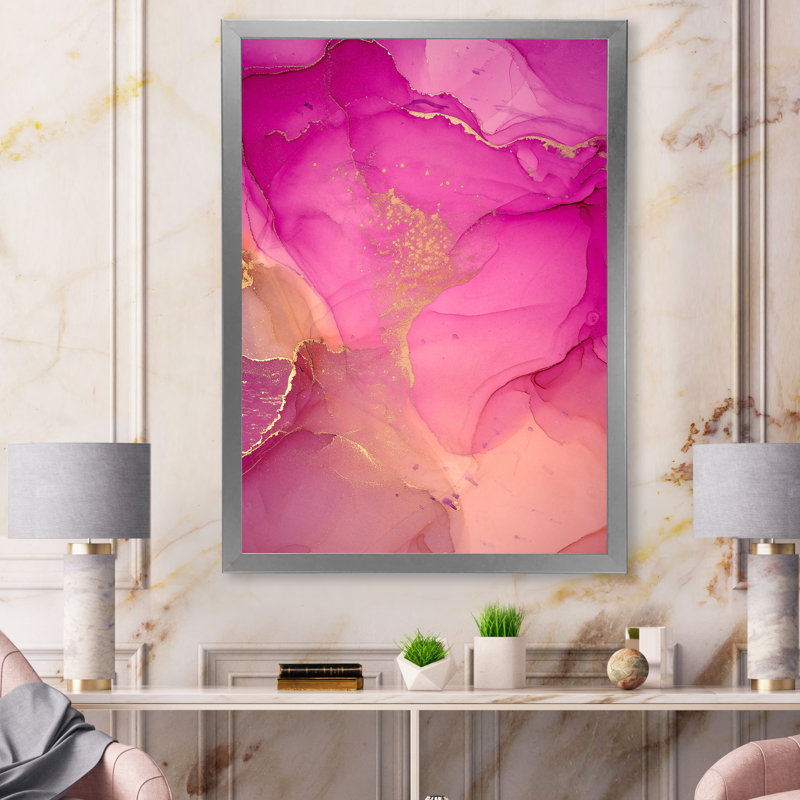 «Pink and Gold Ink Clouds», peinture sur toile, H 44 po x l 34 po x P 1,5 po, Cadre photo argenté