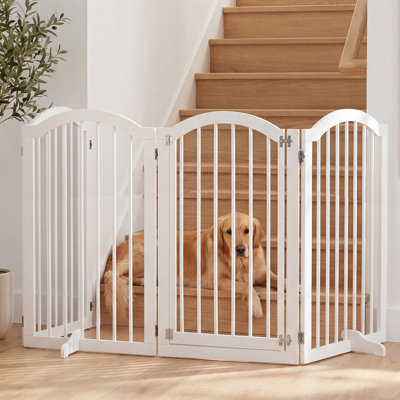 4-Panel 36"H X 92"W White Free Standing Pet Gate with Door, A Pair Of Support Feet