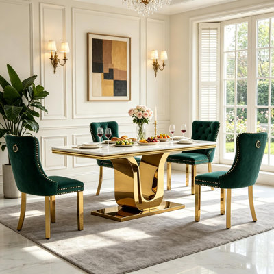 Ensemble de salle à manger de luxe en faux marbre de 173 cm pour 4 personnes avec chaises rembourrées, ensemble de table de cuisine 5 pièces, table à pied centrale en acier doré en forme de U