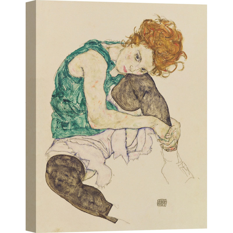 Seated Woman With Bent Knee by Egon Schiele - Wrapped Canvas Painting, 120cm H x 90cm W x 4cm D