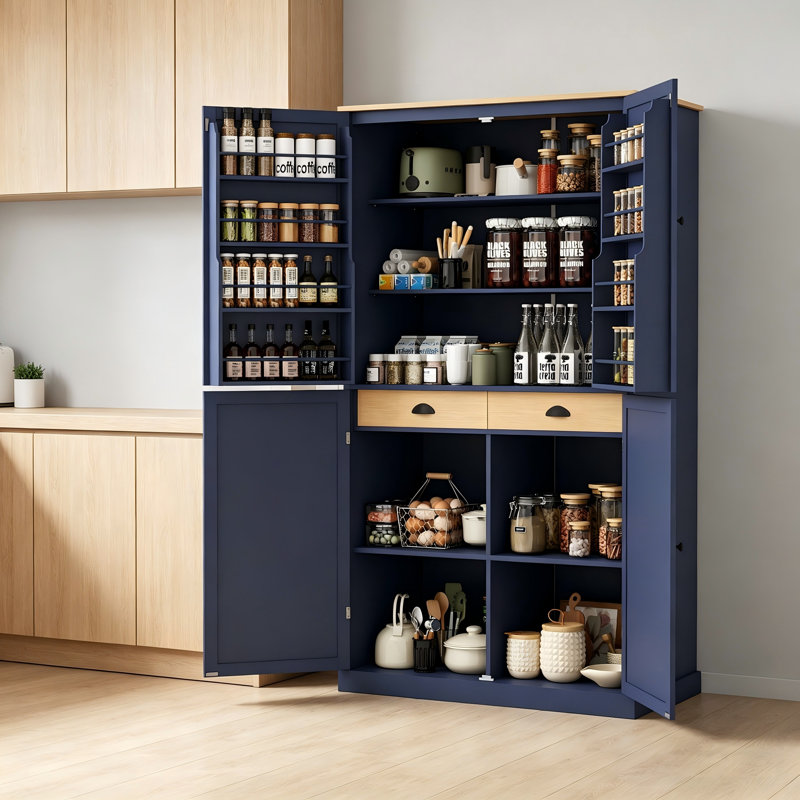 Armoire de cuisine de grande capacité bleue - Comprend des tiroirs doubles, des tablettes réglables et un rangement de porte à 8 niveaux pour un maximum de commodité.