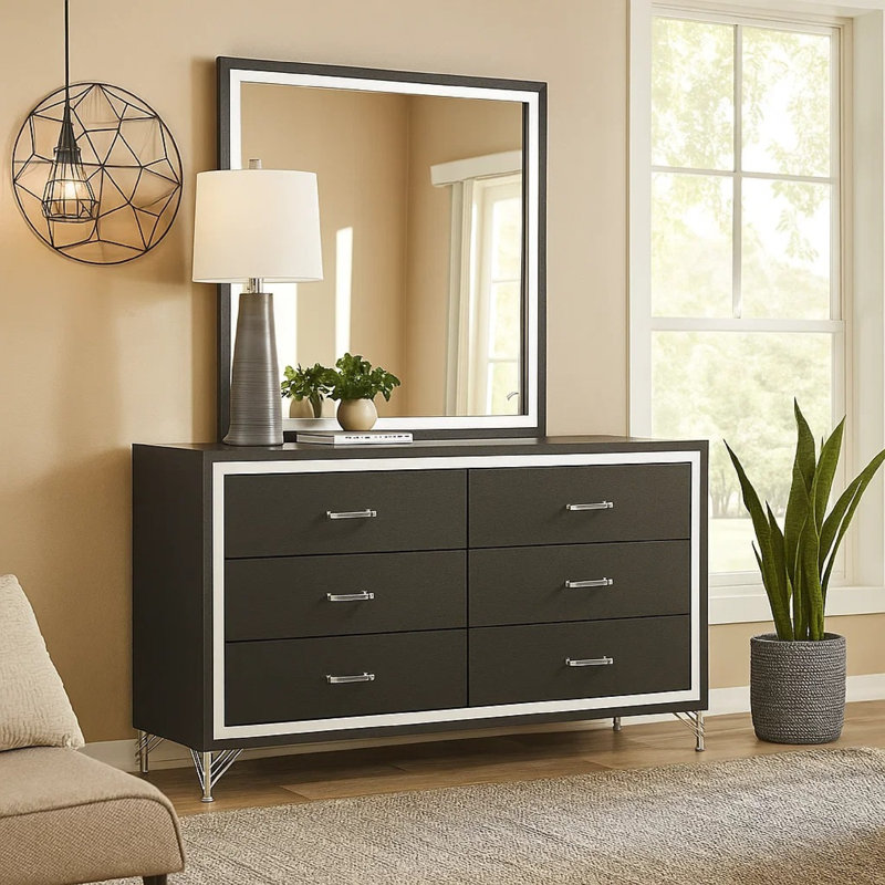 Commode large Jenny avec miroir, pieds chromés rétro modernes, noir, Noir